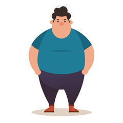 Cartoon character in blue shirt and dark pants, standing forward with round face in comic style