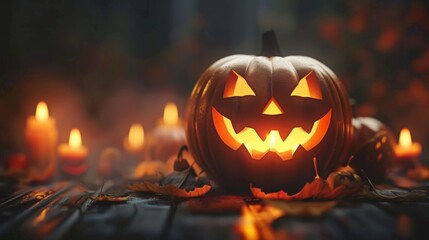 Obraz premium Illuminated Jack-o'-Lanterns in a Spooky Yard