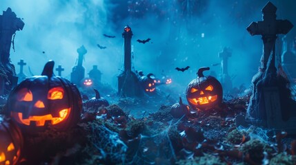 Fototapeta premium Haunted Graveyard with Glowing Pumpkins