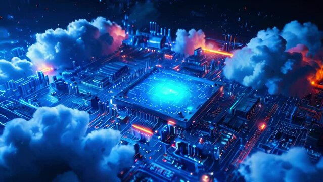 This is an illustration of a computer chip with blue clouds surrounding it. The chip is glowing blue and there are small red details throughout the video