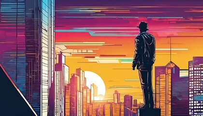 People standing on pop art style buildings