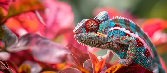Fotobehang A chameleon blending into its colorful surroundings on a tropical plant © mittpro