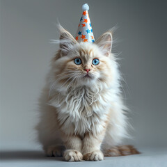 Cute fluffy white cat in a festive hat isolated on a gray background