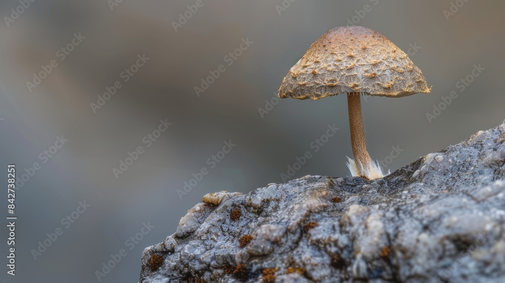 Poster a macro shot of a tiny mushroom rock showcasing its delicate details and unique shape.