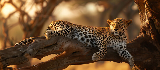 Obraz premium A leopard lounging on a tree branch in the African savannah
