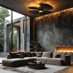 Scandinavian interior design modern living room with fan lamp on the ceiling with gray sofa	
