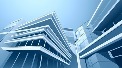 Obraz premium Low angle,Modern Architecture 3D illustration. Architecture building construction perspective paper cut style, underside view urban building abstract background