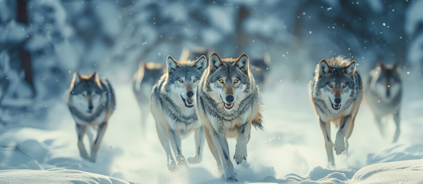 A pack of wolves running through the snow-covered wilderness