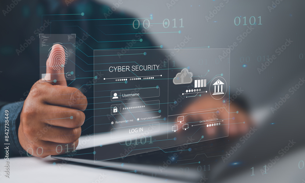 Poster Cyber security, data protection concept. User using fingerprint identification on digital tablet access personal financial data. E-kyc (electronic know your customer),biometrics security technology