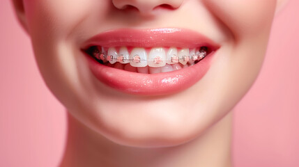 Fototapeta premium A close-up of a woman with braces, she is smiling broadly showing her beautifully aligned teeth and neat braces