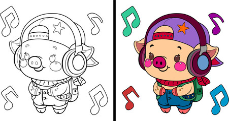 Cute cartoon piglet wearing headphones. Coloring page. Vector illustration.
