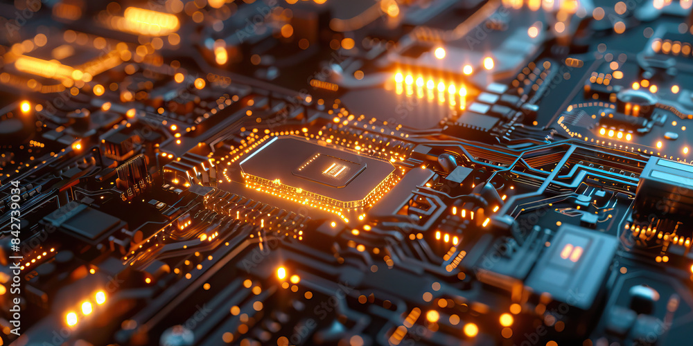 Poster quantum computing research cutting edge workspace with computer chips and hardware close up.