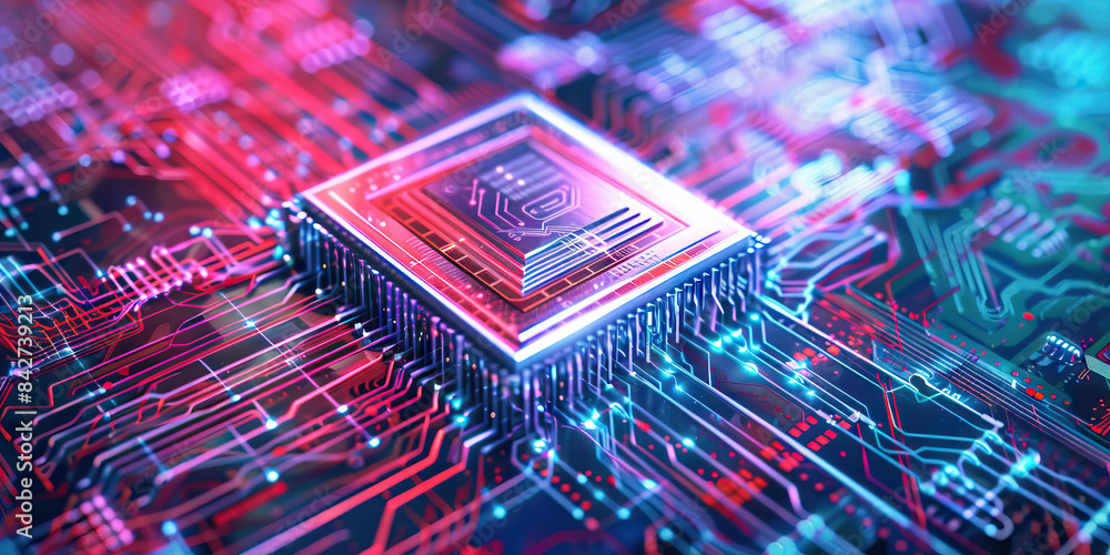 Poster quantum computing research cutting edge workspace with computer chips and hardware close up.