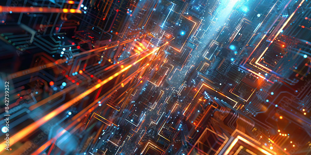 Poster quantum computing research cutting edge workspace with computer chips and hardware close up.