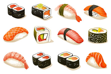 Set of 3D realistic isometric vector fresh japanese food, sushi design concept collection
