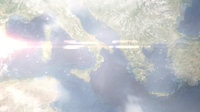 Zoom in from space and focus on Rossano, Italy. 3D Animation. Background for travel intro. Elements of this image furnished by NASA