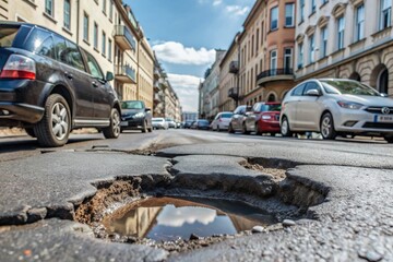 The terrible condition of the roads. A hole in the asphalt on a city street. Road repairs. A city street of poor quality.