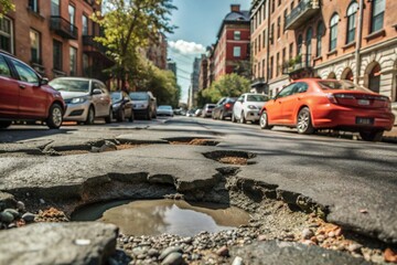 Obraz premium The terrible condition of the roads. A hole in the asphalt on a city street. Road repairs. A city street of poor quality.