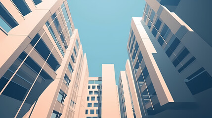 Low angle,Modern Architecture 3D illustration. Architecture building construction perspective paper cut style, underside view urban building abstract background