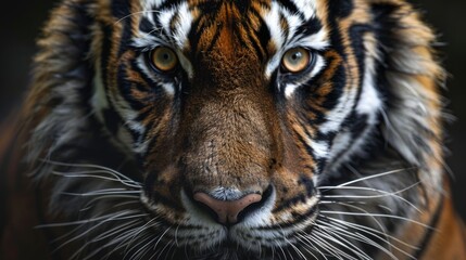 A close-up of a tiger's face in full detail emphasizes the focused look and the striking patterns of its fur