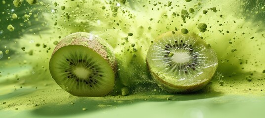 Chaotic 3D Kiwi Color Burst on a Green Blur Background