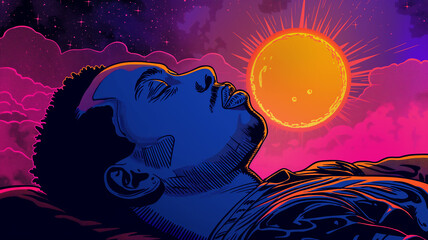 Pop art Fortune telling concept. Silhouette of an African American man lying under stars and galaxies in her dream. Colorful background in pop art retro comic style.