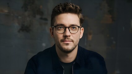 Fototapeta premium Close-up portrait of a man with glasses and a short beard, wearing a blue blouse. He is sitting and confidently looking ahead. An adult man, businessman, manager.