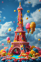 The Eiffel Tower is made of candy on blue background, art creative, 3D rendering