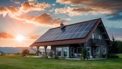 House, home with solar panels on the roof for generating electricity. Preservation of the natural environment and ecology, saving electricity, using renewable energy sources, natural resources.