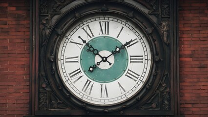 Fototapeta premium Close-up of a round, vintage, elegant clock on a red brick wall. The clock face is marked with Roman numerals, and the black hands indicate the exact current hour and minute. 