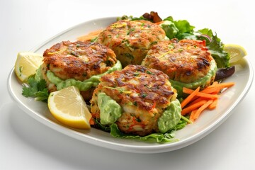 Baked Crab Cakes with Creamy Avocado Mousse and Julienned Carrots