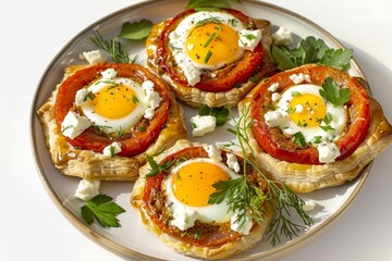 Flaky Puff Pastry Tarts with Harissa, Tomatoes, and Golden Eggs