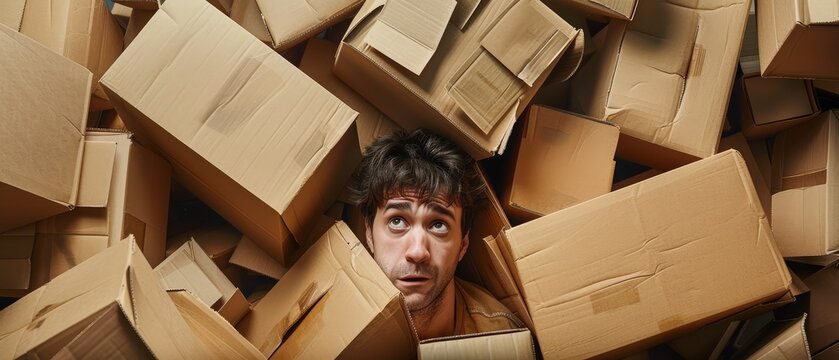 A man with a distressed expression is buried under a pile of cardboard boxes.