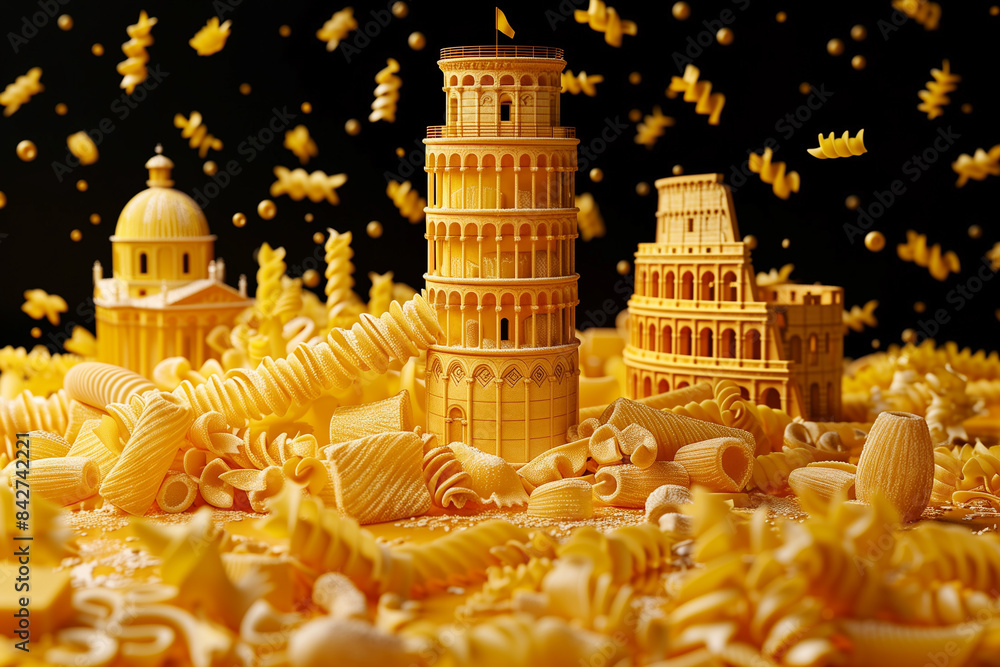 Wall mural the italian tower of pisa and the colosseum are made from pasta on yellow background, art creative, 