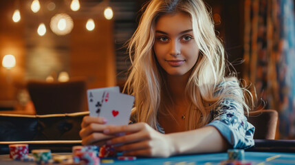 Fototapeta premium A young beautiful woman holds two cards in her hands, ready to play poker or another card game in casino. Woman showing her cards at poker table