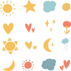 Hand drawn set of sun, moon, star, and cloud icons