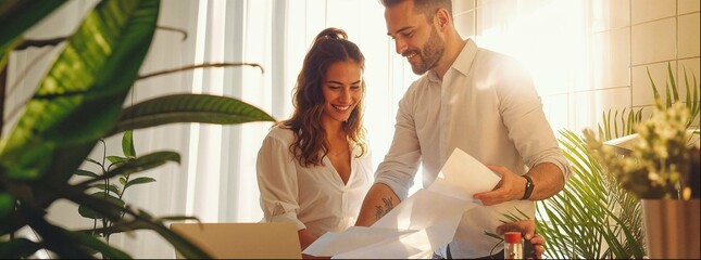 A young couple in their thirties, dressed casually and smiling at each other as they examine paper documents together over an open laptop on the table of their home office. Green plants.