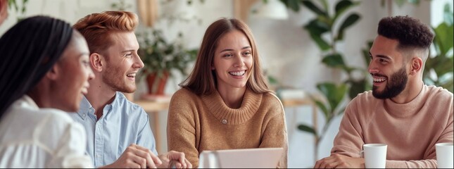 A group of diverse people sitting around an office table, smiling and talking to each other. They engage with their co-workers during team-building activities at work or company events