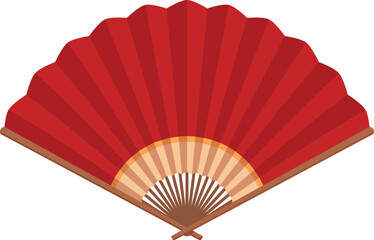 Red hand fan folded and displaying traditional asian design is isolated on a white background