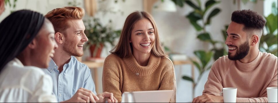 A group of diverse people sitting around an office table, smiling and talking to each other. They engage with their co-workers during team-building activities at work or company events