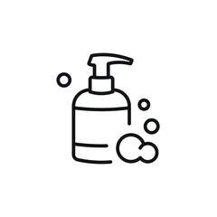 Soap dispenser with foam linear icon. Line customizable illustration. Contour symbol. Vector isolated outline drawing. Editable stroke