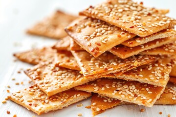 Fototapeta premium stack of crackers with sesames on white background