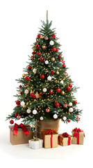 Decorated Christmas tree with gifts isolated on white background