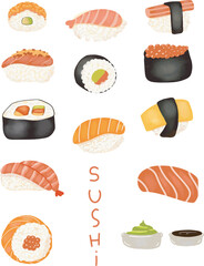 hand drawn set of sushi. Sushi set. Sushi vector illustration. Sushi vector art. Sushi free vector. 