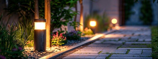  In the evening, an outdoor garden path is illuminated by warm white LED light lamps, highlighting...