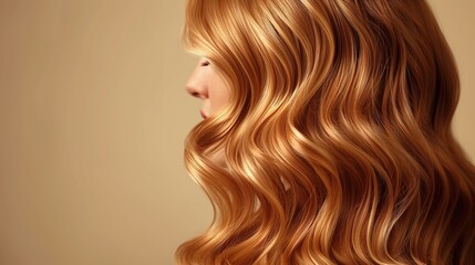 Fototapeta premium Profile of Woman with Long Wavy Golden Blonde Hair - Elegant Hair Texture and Shine 