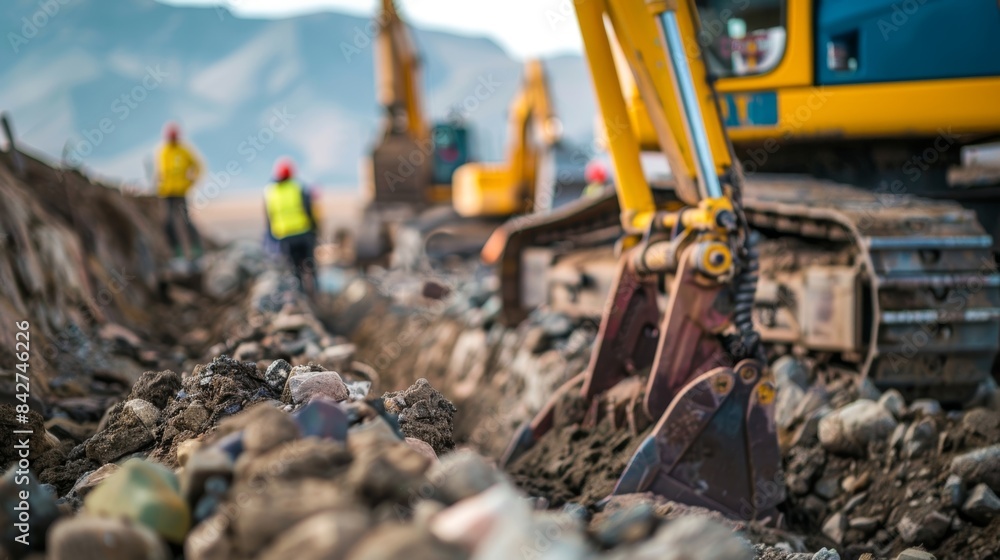 Poster a team of workers using heavyduty machinery to dig deep trenches into the rocky ground as they prepa