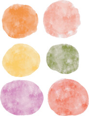 Hand drawn watercolor circle set of colors. Vector smear watercolour splash on transparent background. Round hand drawn watercolor background with pink, yellow, green, pink, red, and orange color