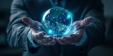 A business professional in an office setting, holding and looking at a glowing crystal ball with digital data inside, symbolizing future trends for the global tech landscape.