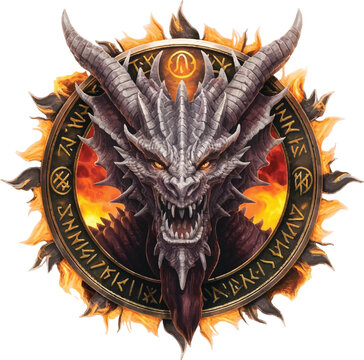 world of warcraft deathwing dragon face on an amulet with a sun on it